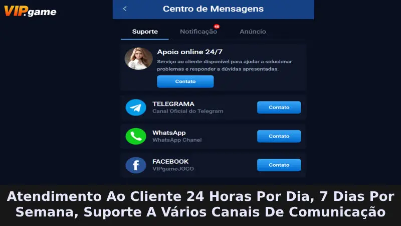 Atendimento ao cliente 24 horas por dia, 7 dias por semana, suporte para diversos canais de comunicação