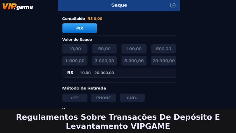Regulamentos sobre transações de depósito e retirada VIPGAME