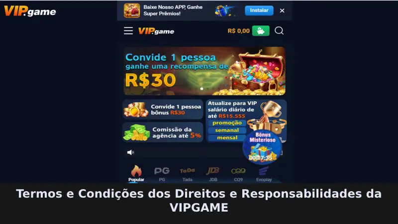 Os termos estipulam os direitos e responsabilidades do VIPGAME